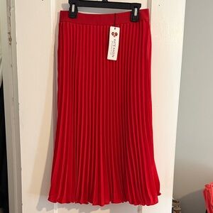 Kate Kasin: Red Pleated Midi Skirt with Elastic Waist (NWT)